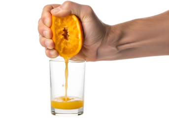 Hand squeezing orange juice into a glass cup isolated on transparent background