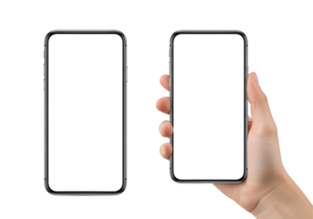 Hand holding a smartphone with blank screen isolated on transparent background