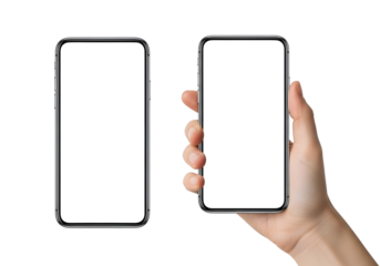 Hand holding a smartphone with blank screen isolated on transparent background