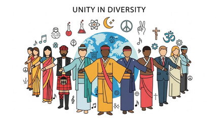 Diverse group of people from different cultures standing together in unity with global symbols and icons with diversity and multicultural and inclusion