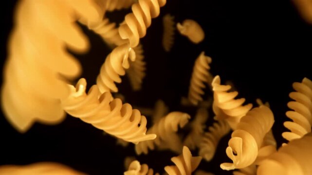 Super slow motion fusilli pasta dry . Filmed on a high-speed camera at 1000 fps. High quality FullHD footage