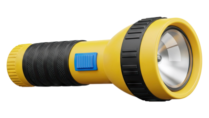 Yellow flashlight with black grip and blue button