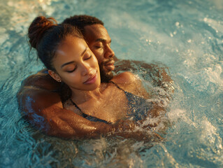 romantic couple relaxing at luxury outdoor spa pool, affectionate couple enjoying serene spa retreat by the pool, luxury wellness escape for couples at outdoor resort spa
