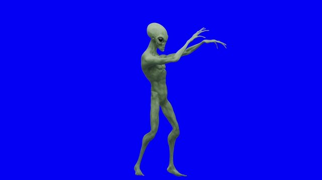Green humanoid Alien dancing against a solid Blue screen Looped CGI Animation with Alpha Map