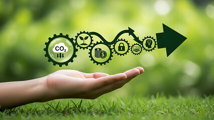 Hand holding green growth gear icons for carbon reduction and ESG
