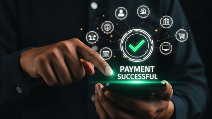 Businessman using smartphone for successful online payment transaction