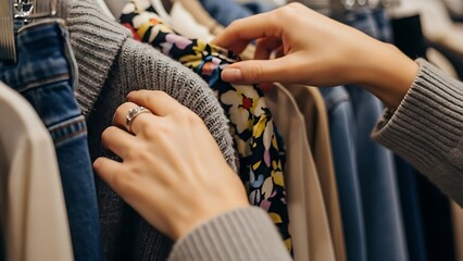 Hand Selecting Clothing on Hanger in Retail Store with Casual Fashion Style