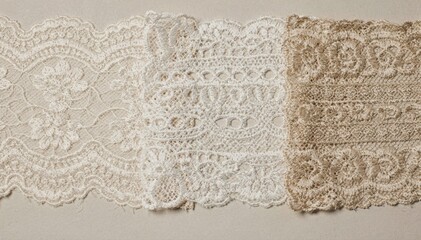 Closeup medium shot of scalloped edge lace embroidery panels showcasing delicate Schiffli stitching for elegant garment trims with refined flowing lace patterns. Detailed medium