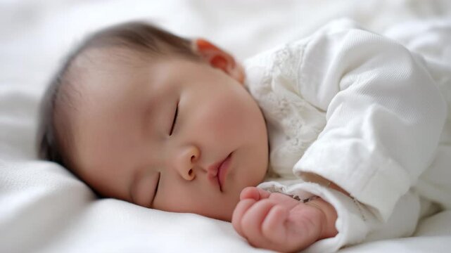 白い衣の赤ちゃんが穏やかに眠る静かな寝顔
