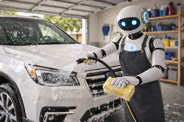 Friendly Humanoid AI Robot Washing White SUV in Home Garage