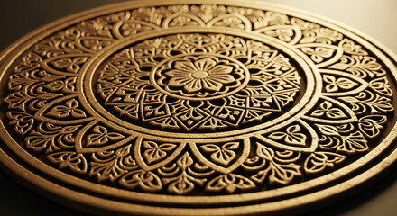 Obraz premium Detailed shot of a round, golden-bronze ornamental design, featuring a central flower and intricate floral patterns, representing elegance and tradition