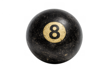 Black eight ball for billiards and pool game, worn and vintage look, symbolizing luck, decision, and game over