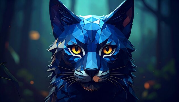 Geometric Blue Fox with Glowing Yellow Eyes in a Dark Forest at Night