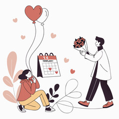 A romantic illustration of a couple celebrating valentine's day with flowers and hearts