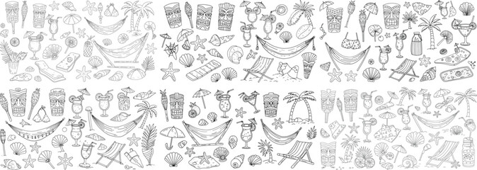 A vibrant collection of summer beach icons, including cocktails, hammocks, and tropical elements.