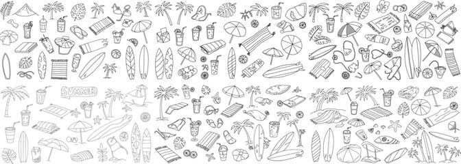 A vibrant collection of summer-themed illustrations featuring beach, surfboards, and tropical drinks.