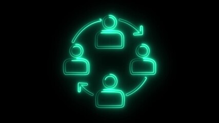 Glowing neon people network icon with circular arrows, representing teamwork, collaboration, communication, and workflow on a dark background.