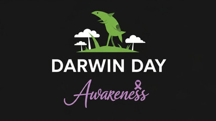 Vibrant green fish jumping on grassy hill with white clouds on black background darwin day awareness symbol with Evolution and Biology with Text