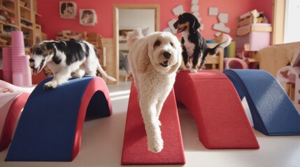Medium shot capturing pets navigating a challenging obstacle course featuring ramps tunnels and balance beams designed for active interaction.
