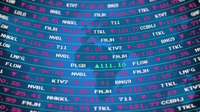 Bend curve display stock price table volume value arrow row move numbers of data price moving plus and minus financial stock economy market investment trading real time round screen.