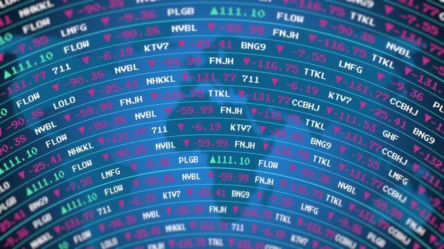 Bend curve display stock price table volume value arrow row move numbers of data price moving plus and minus financial stock economy market investment trading real time round screen.