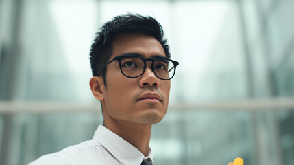 Asian businessman. Handsome businessman. Glasses. Minimalist office in the background, out of focus