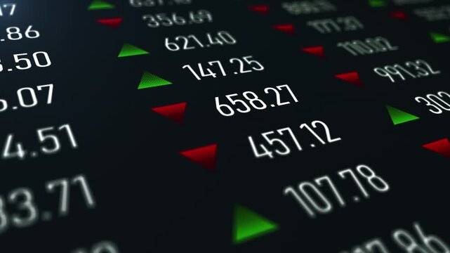 Screen display investment volatility and global economic real time numbers of data price moving plus and minus financial stock economy market.