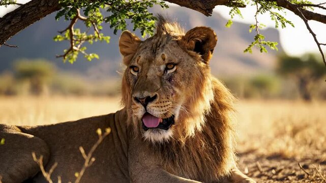 Magnificent male lion resting in shade, panting while looking towards the camera during warm, sunny day in nature