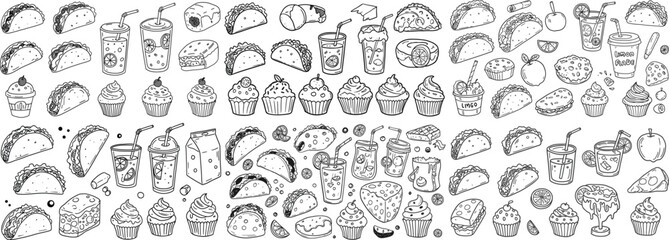 A delightful illustration featuring a variety of tacos, drinks, and desserts in black and white line art.