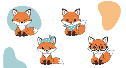 Obraz premium Set of adorable cartoon fox characters wearing cute accessories like glasses, bandanas, and headbands for playful and creative projects.