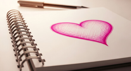 Open sketchbook with pink heart drawing and pen, showcasing artistic expression and Valentine's Day theme, symbolizing love, creativity, and passion