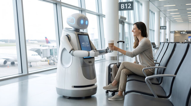 Service Robot Delivering Coffee to Business Traveler at Airport Gate