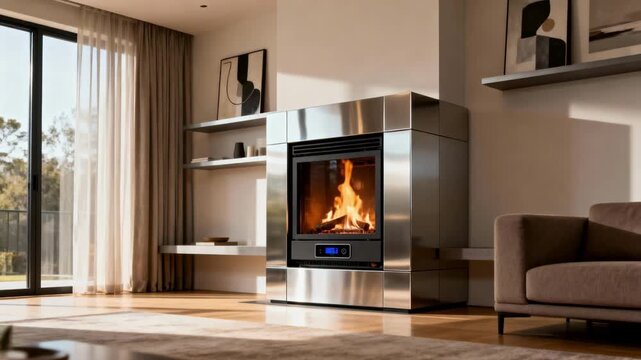 Medium shot of a sleek gas fireplace insert installed in a contemporary living room showcasing clean lines and efficient heating technology.