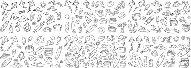 A lively collection of summer-themed doodles featuring kites, surfboards, and beach essentials.