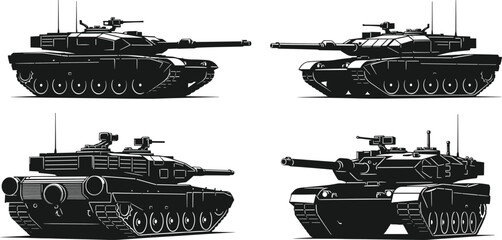 Modern battle tank, military vehicle, armored warfare, tank illustration, side view, front view, rear view, turret, optics, tracks © Aminul
