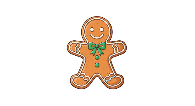 Traditional gingerbread man cookie decorated with white icing, green buttons, and a green bowtie for Christmas holiday baking and treats.