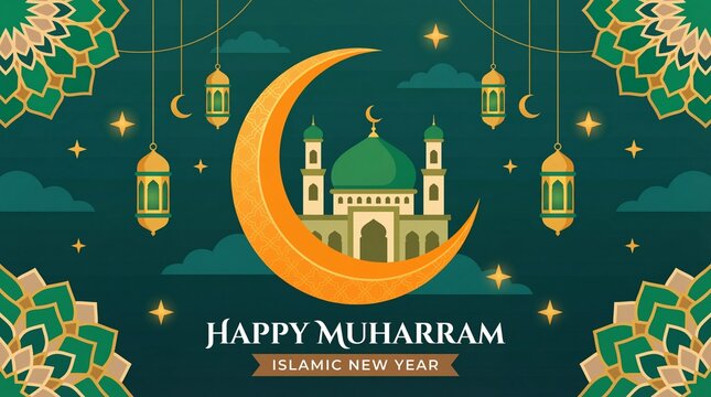 A vibrant illustration celebrating Happy Muharram Islamic New Year with a mosque, crescent moon, lanterns, and traditional patterns on a dark teal background. - Powered by Adobe