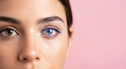 Woman with unique eye color and artificial intelligence concept. Innovative beauty and bionic vision technology. Digital modification for human enhancement.