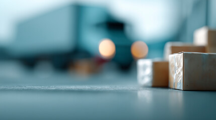 Blurred truck is parked next to a pile of boxes