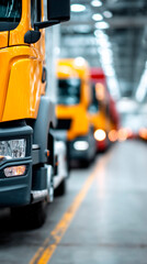 Yellow semi truck is parked in a line of other semi trucks