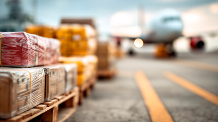 Photorealistic logistics background showing wrapped cargo pallets on an airport apron with a blurred airplane, ideal for transport, supply chain and global shipping concepts.