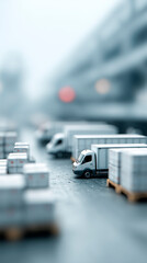 Small white truck is parked in front of row with pallets and boxes