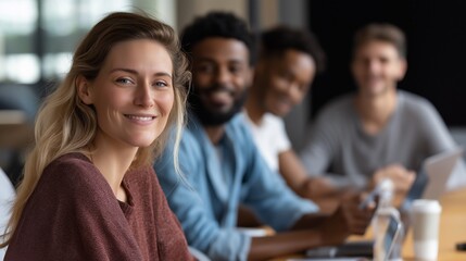 In a bright, contemporary office, a group of diverse businesspeople engaged in lively discussions. They share ideas while exchanging smiles, fostering a collaborative environment
