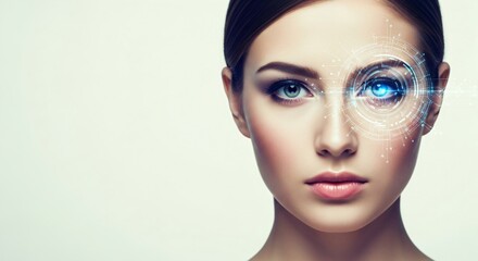 Woman eye scanning with digital holographic interface. Biometric identification and security system. Future technology augmented reality concept.