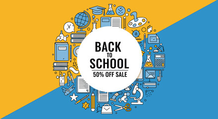 Back to school sale banner design with various education icons arranged in a circle over a yellow and blue background.
