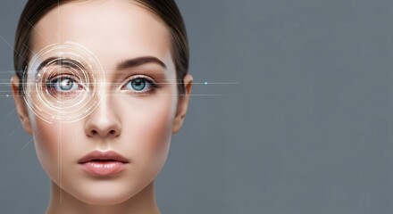 Woman eye scanning with digital holographic interface. Biometric identification and security system. Future technology augmented reality concept.