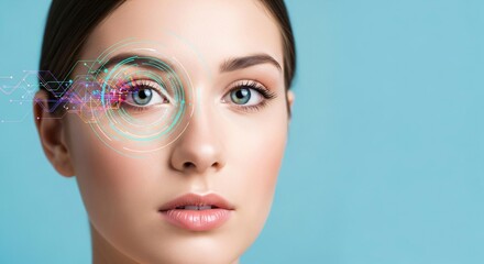 Woman eye scanning with digital holographic interface. Biometric identification and security system. Future technology augmented reality concept.