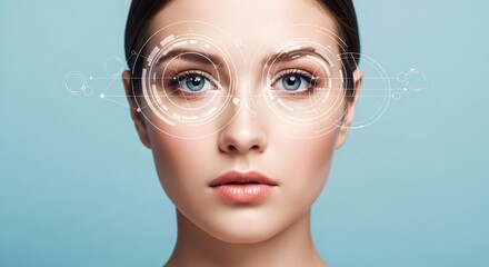 Woman eye scanning with digital holographic interface. Biometric identification and security system. Future technology augmented reality concept.