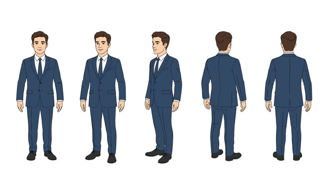 Male character sheet showing a businessman in a blue suit from front side and back views for animation or design project.