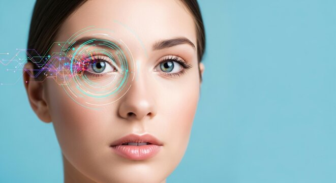 Woman eye scanning with digital holographic interface. Biometric identification and security system. Future technology augmented reality concept. - Powered by Adobe